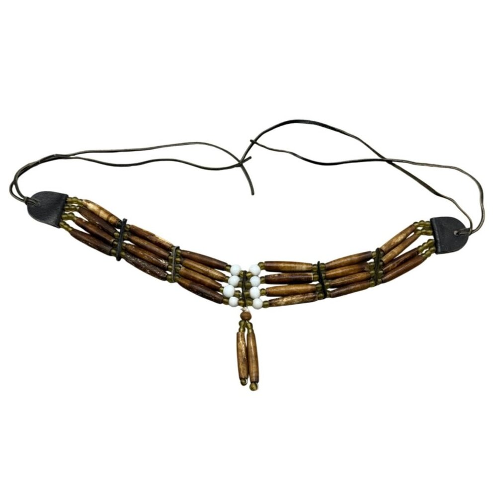Rustic Beaded faux Bone chocker Necklace With Leather Strap & Pendant brown READ